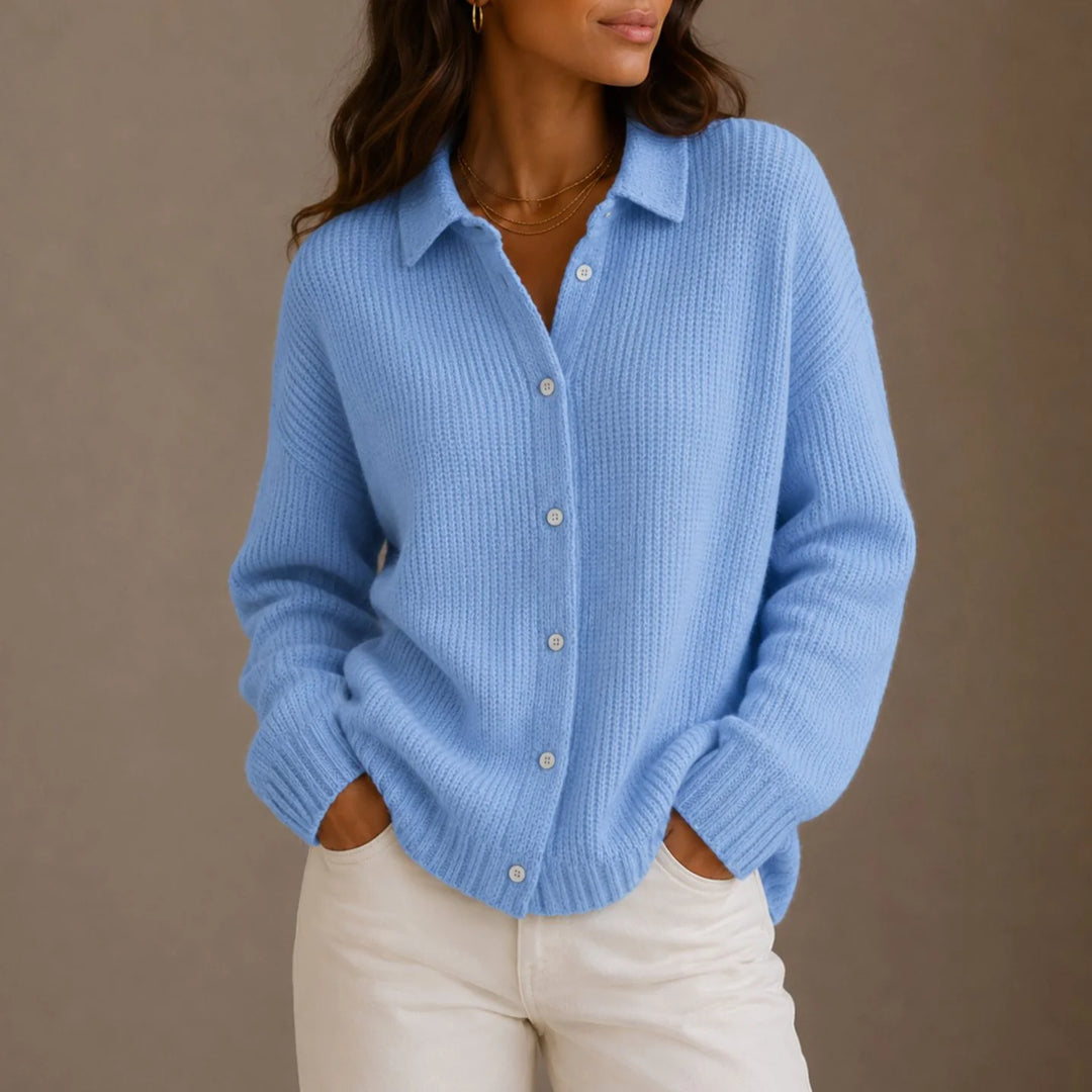 Women’s Ribbed Knit Cardigan with Classic Collar Relaxed Fit 3