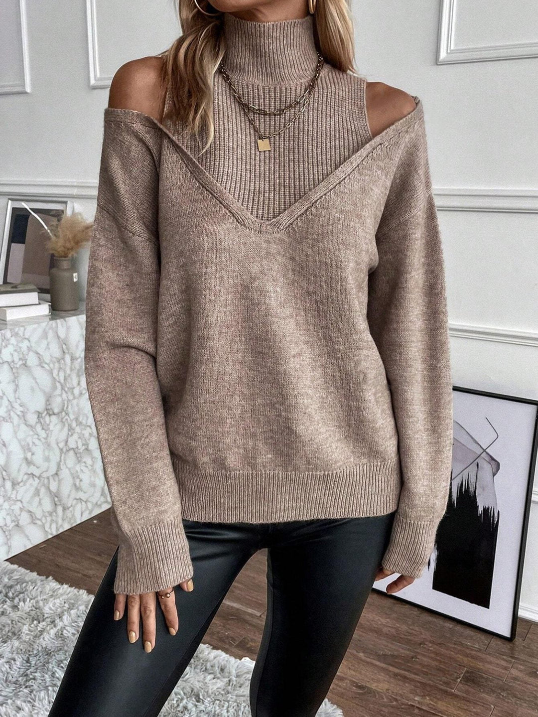 Women’s Ribbed Knit Turtleneck Sweater with Cold-Shoulder Detail 0