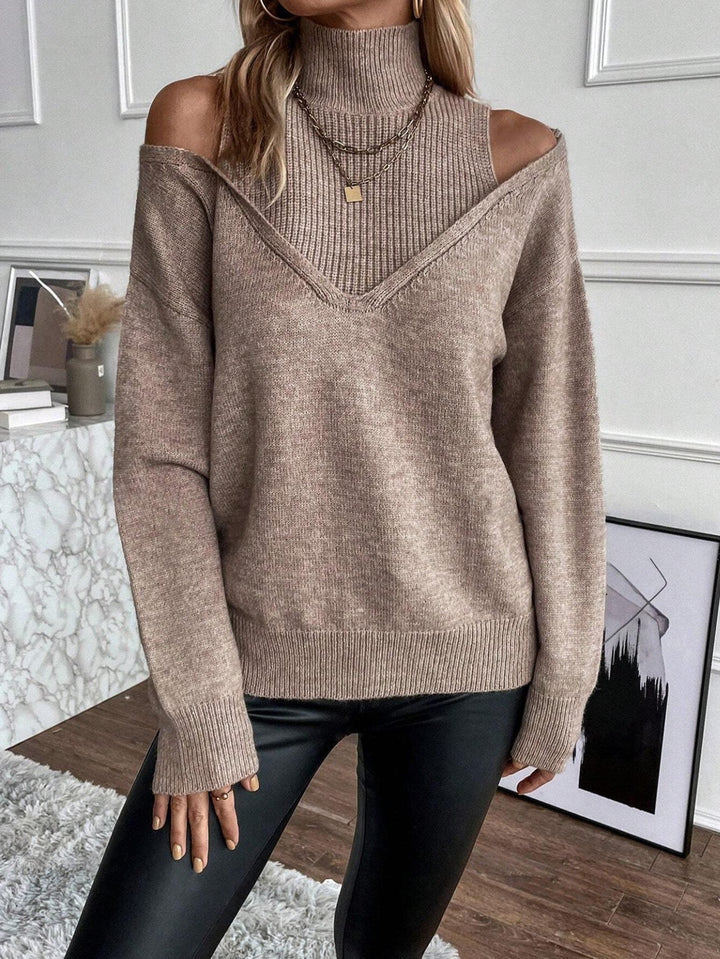 Women’s Ribbed Knit Turtleneck Sweater with Cold-Shoulder Detail 0