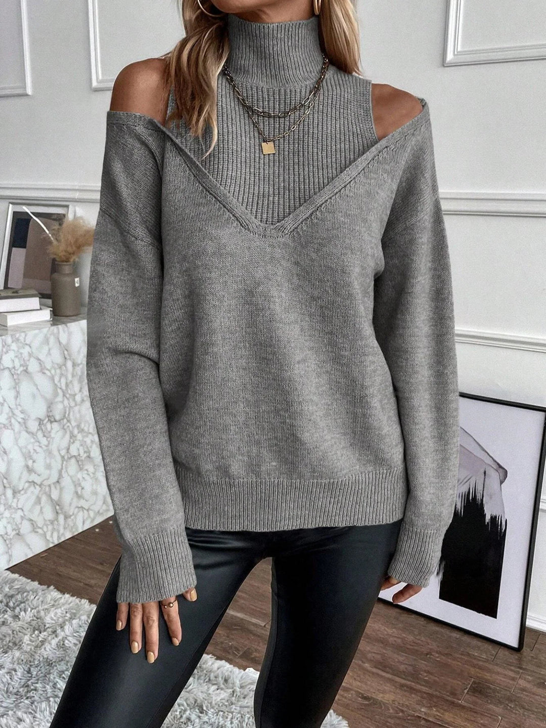 Women’s Ribbed Knit Turtleneck Sweater with Cold-Shoulder Detail 1