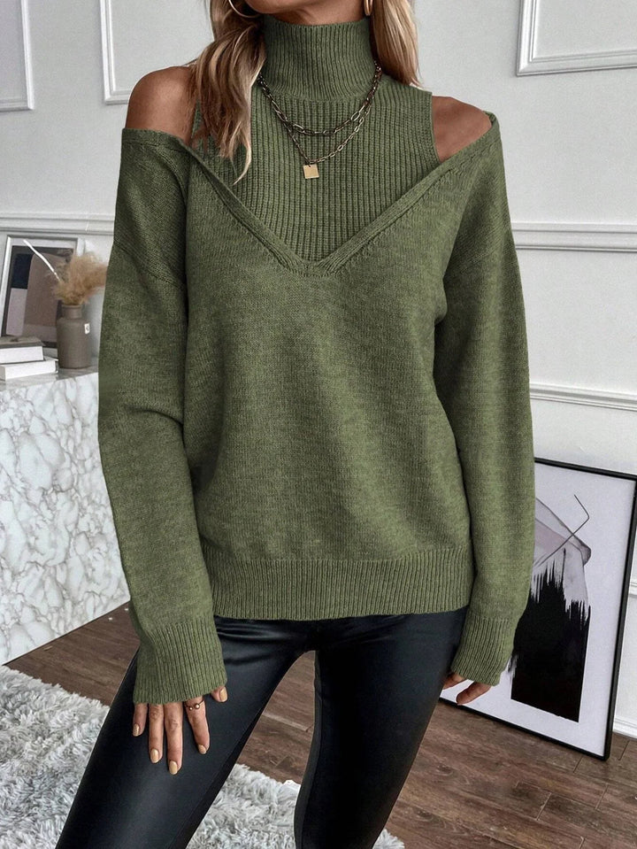 Women’s Ribbed Knit Turtleneck Sweater with Cold-Shoulder Detail 2
