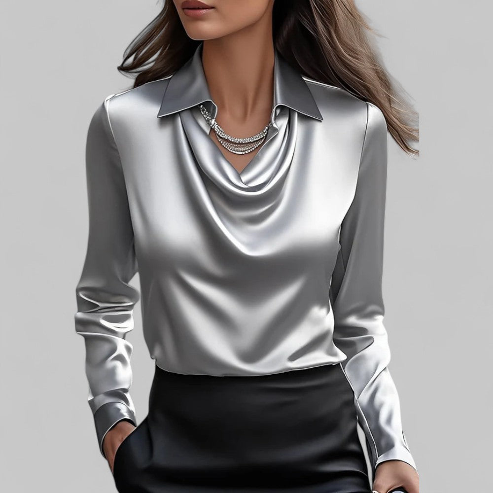 Women’s Satin Blouse Elegant Draped Neck Long Sleeve Style 1