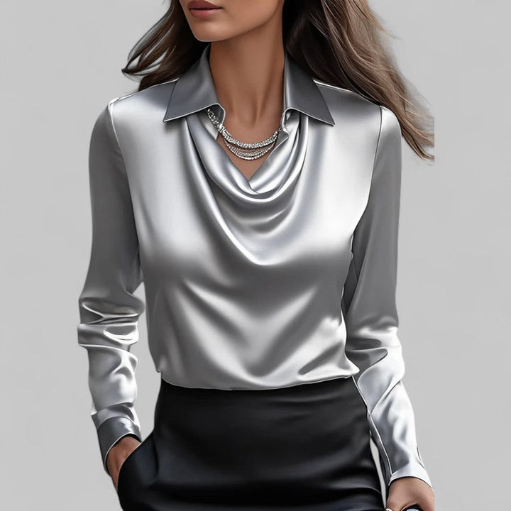 Women’s Satin Blouse Elegant Draped Neck Long Sleeve Style 1