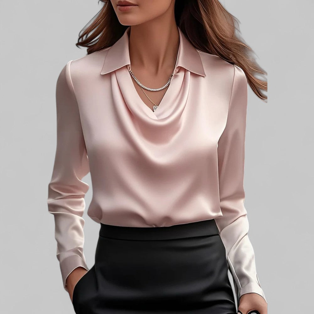 Women’s Satin Blouse Elegant Draped Neck Long Sleeve Style 2