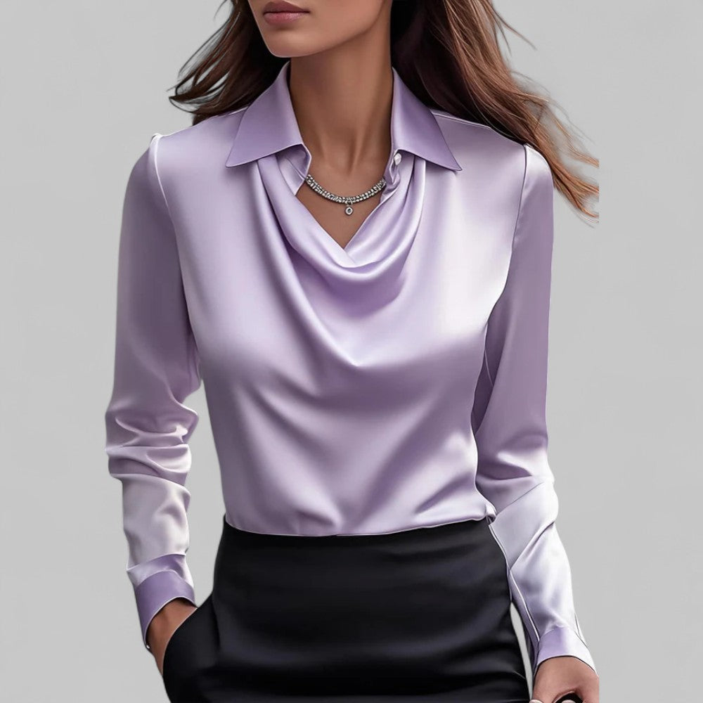 Women’s Satin Blouse Elegant Draped Neck Long Sleeve Style 3