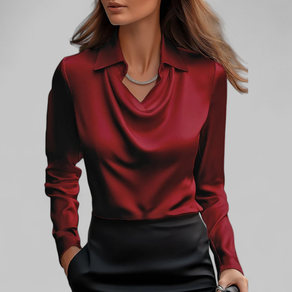Women’s Satin Blouse Elegant Draped Neck Long Sleeve Style 4