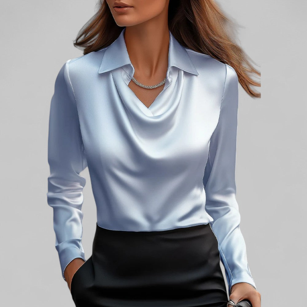 Women’s Satin Blouse Elegant Draped Neck Long Sleeve Style 5