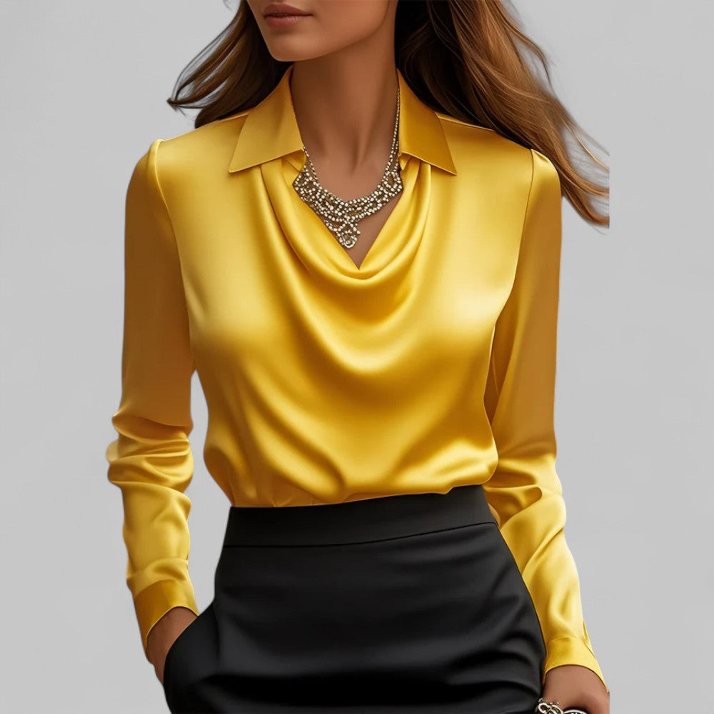 Women’s Satin Blouse Elegant Draped Neck Long Sleeve Style 6