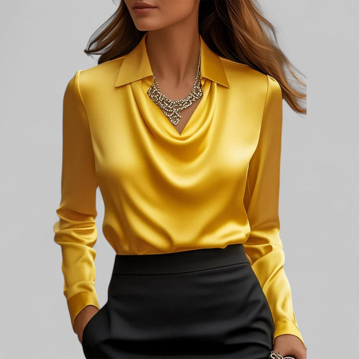 Women’s Satin Blouse Elegant Draped Neck Long Sleeve Style 6
