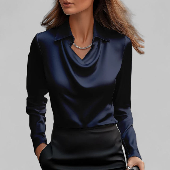 Women’s Satin Blouse Elegant Draped Neck Long Sleeve Style 7