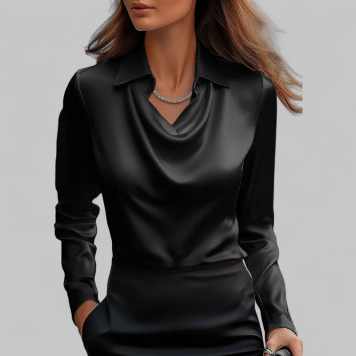 Women’s Satin Blouse Elegant Draped Neck Long Sleeve Style 8
