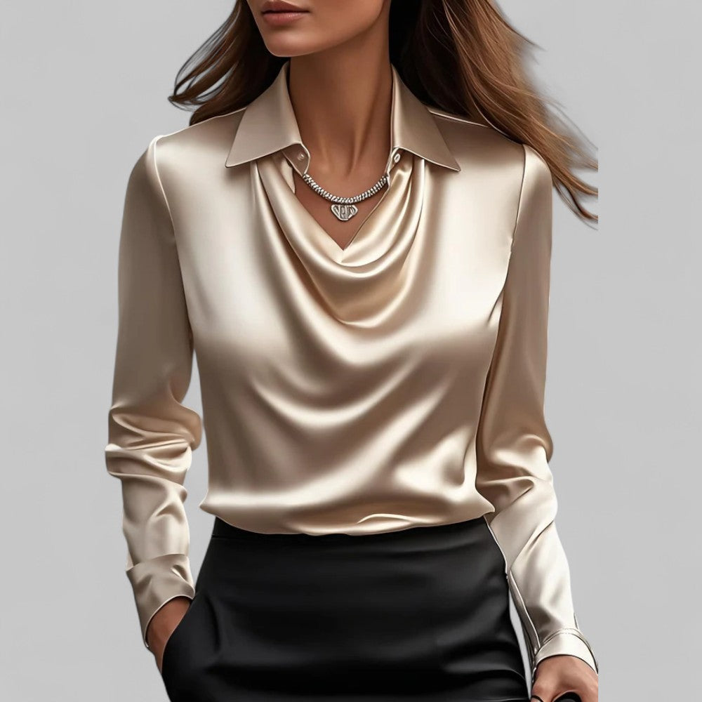Women’s Satin Blouse Elegant Draped Neck Long Sleeve Style 9