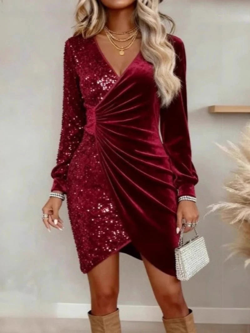 Women’s Sequin Mini Dress Velvet Wrap Long Sleeve Elegant Style 4