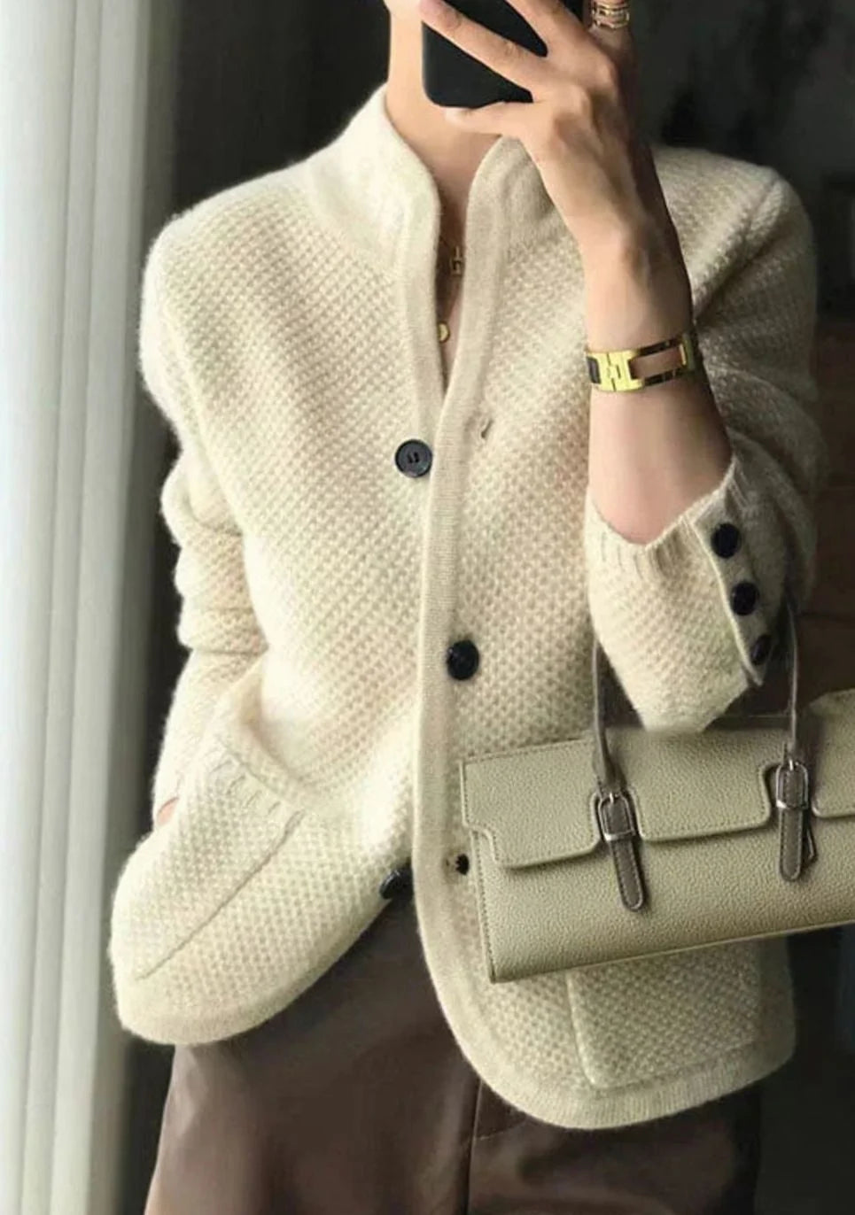 Women’s Slim Fit Stand-Collar Knit Cardigan with Textured Fabric 1