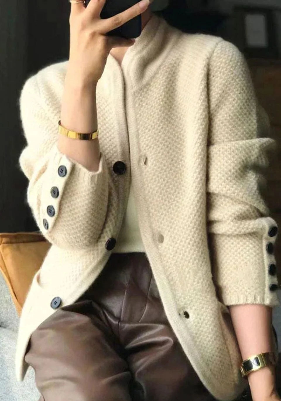 Women’s Slim Fit Stand-Collar Knit Cardigan with Textured Fabric 2
