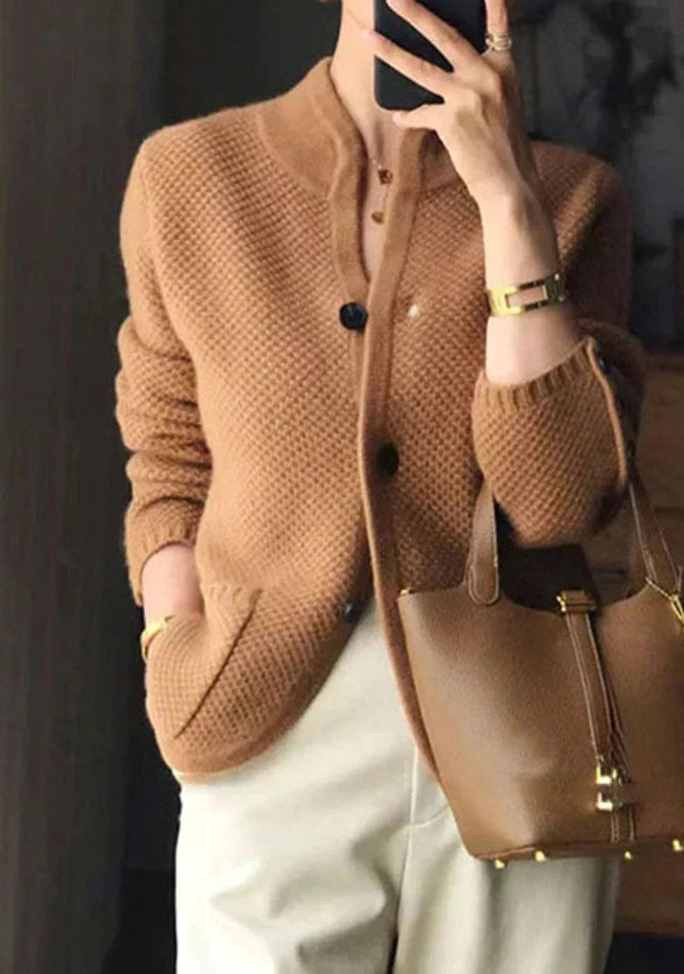 Women’s Slim Fit Stand-Collar Knit Cardigan with Textured Fabric 3