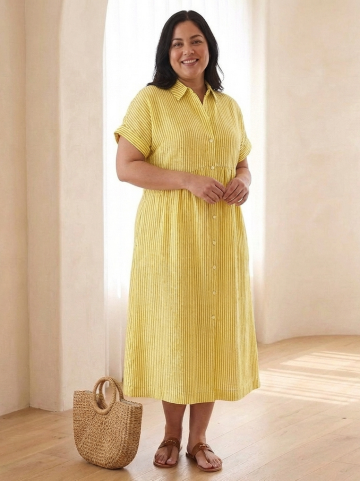 Women’s Striped Midi Dress Button Front with Short Sleeves 4