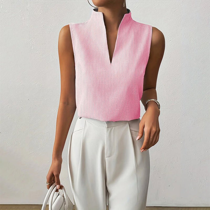 Women’s Striped Sleeveless Blouse V-Neck Stand Collar Summer Top 3