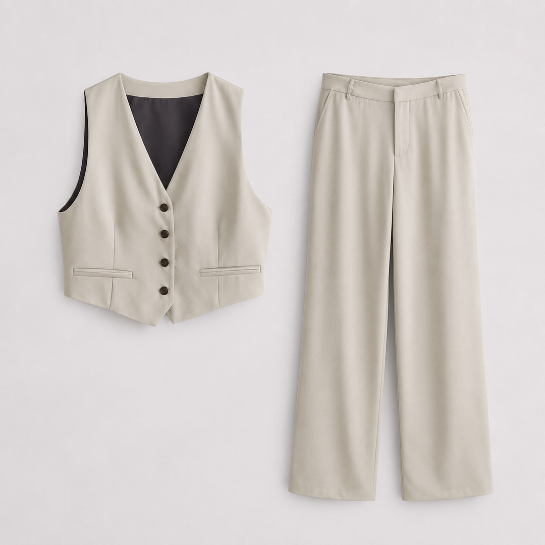 Women’s Tailored Jumpsuit Set Sleek Sleeveless Waistcoat and Wide-Leg Trousers 1