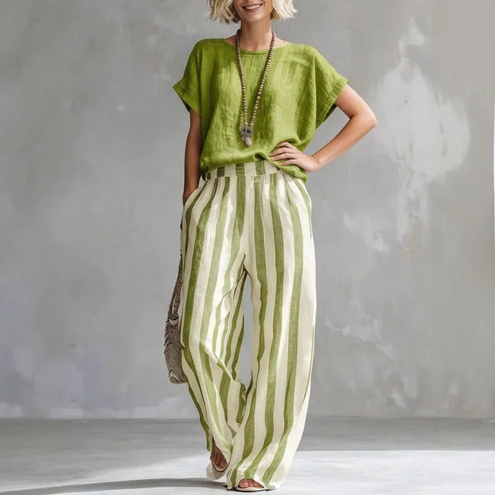 Women’s Two Piece Linen Set Relaxed Wide Leg Pants and Short Sleeve Top 5