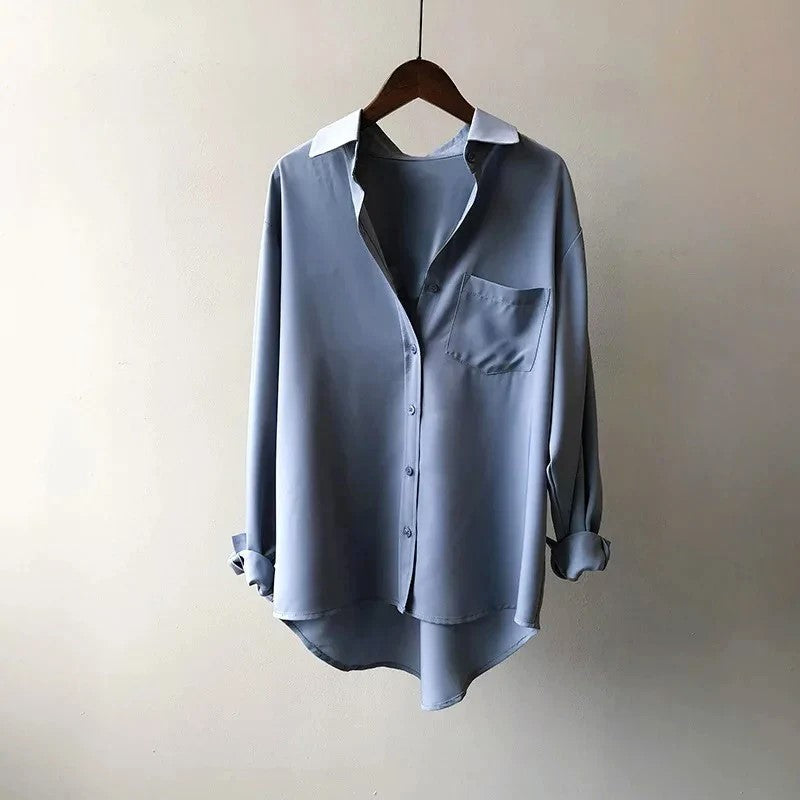 Women’s White Button-Front Blouse Relaxed Fit with Chest Pocket 1