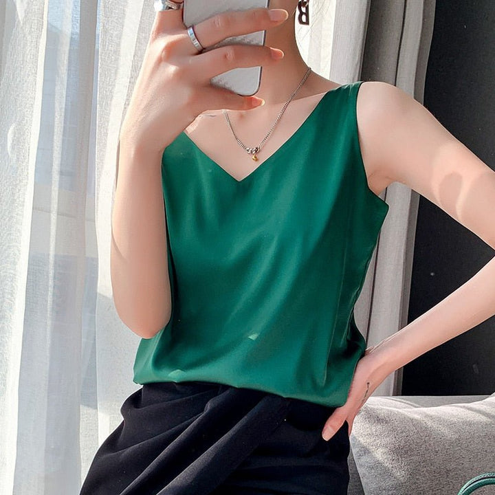Women’s White Satin Tank Top Elegant V-Neck Relaxed Fit 1