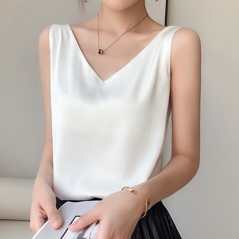 Women’s White Satin Tank Top Elegant V-Neck Relaxed Fit 4