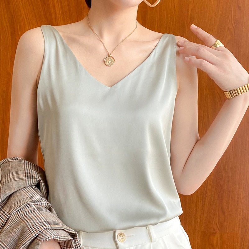 Women’s White Satin Tank Top Elegant V-Neck Relaxed Fit 5